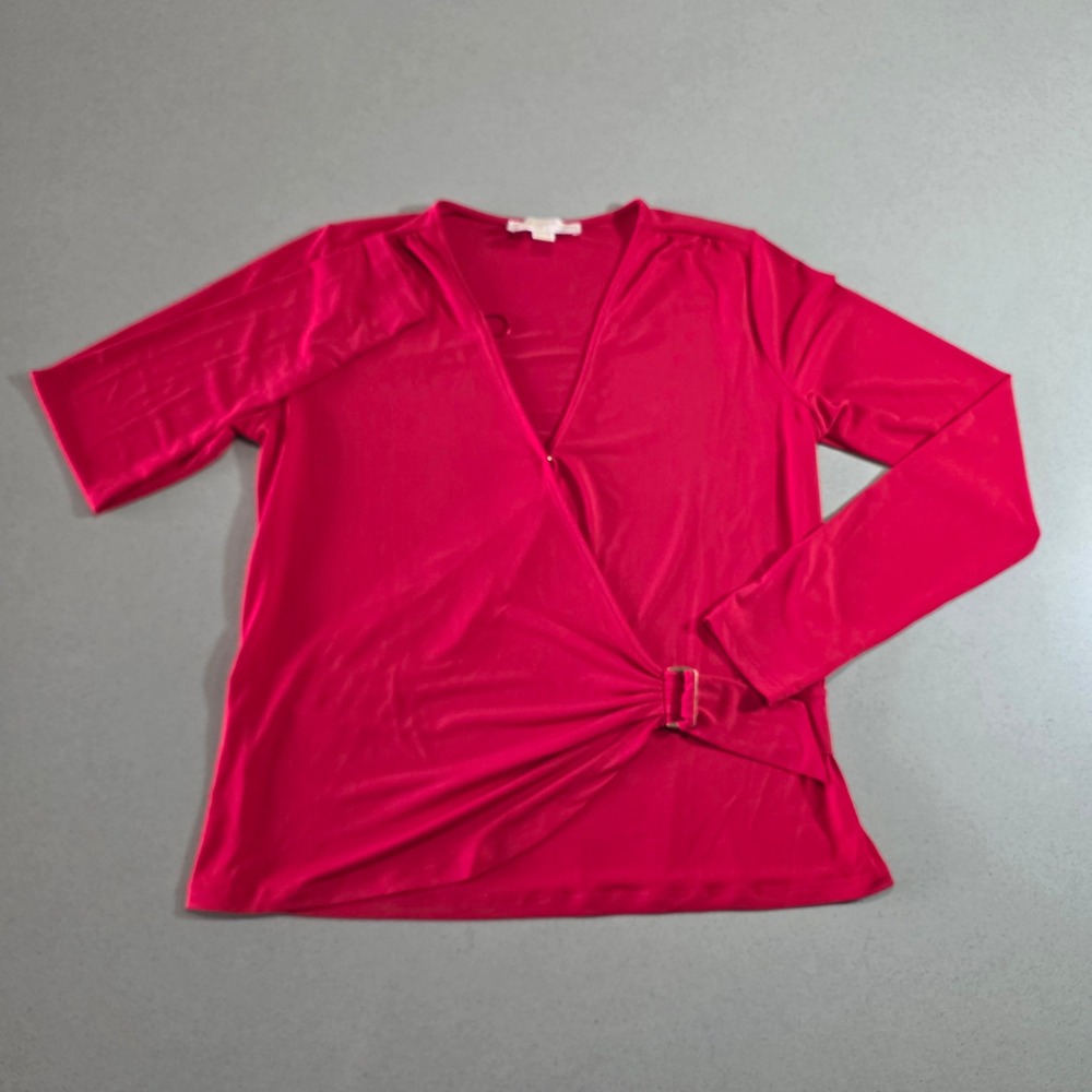 Michael Kors Womens Red Faux Wrap Buckle V-Neck Long Sleeve Top Medium